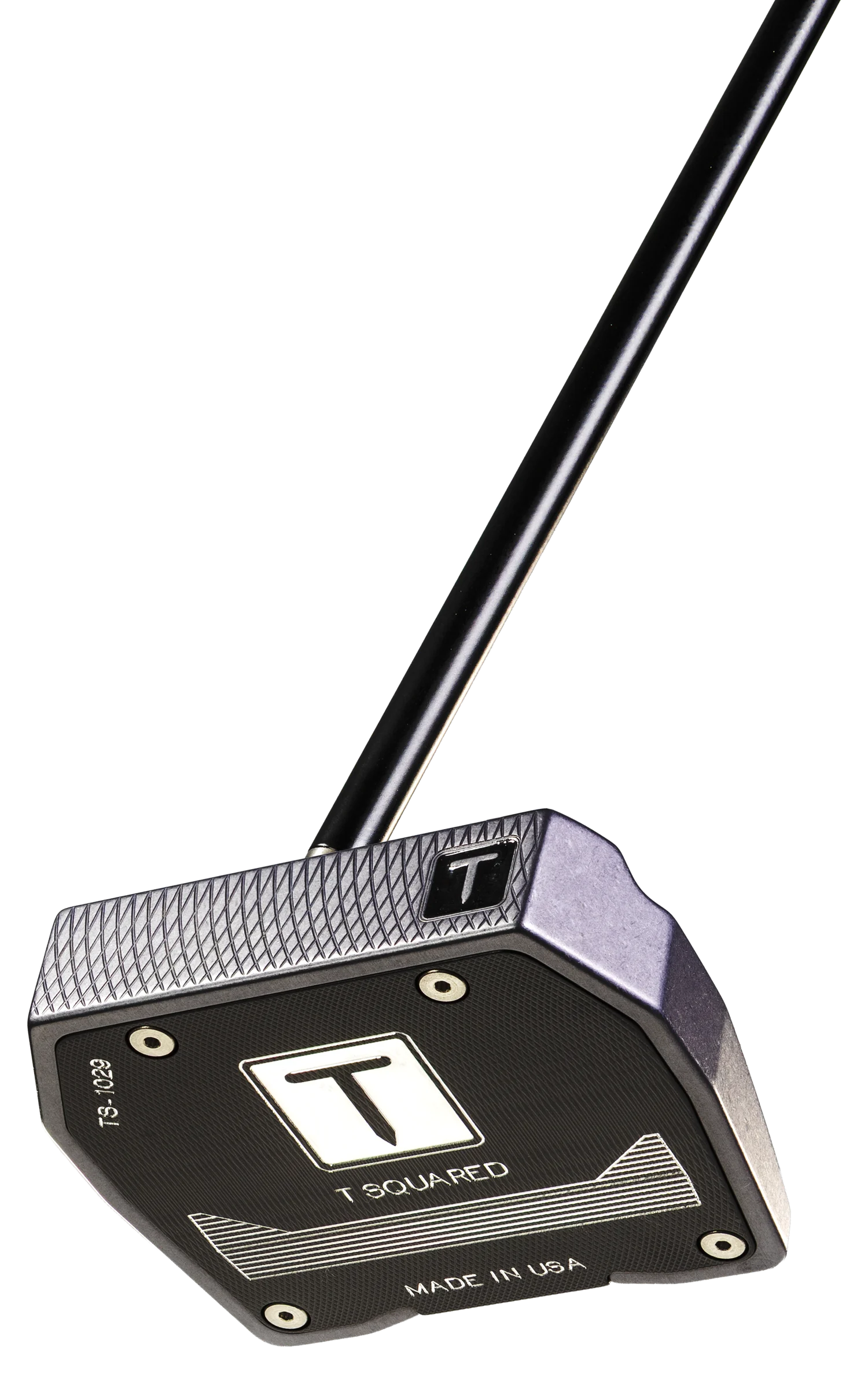 TS-1029 mallet putter in Gunmetal Grey, shown sole up with a center shaft